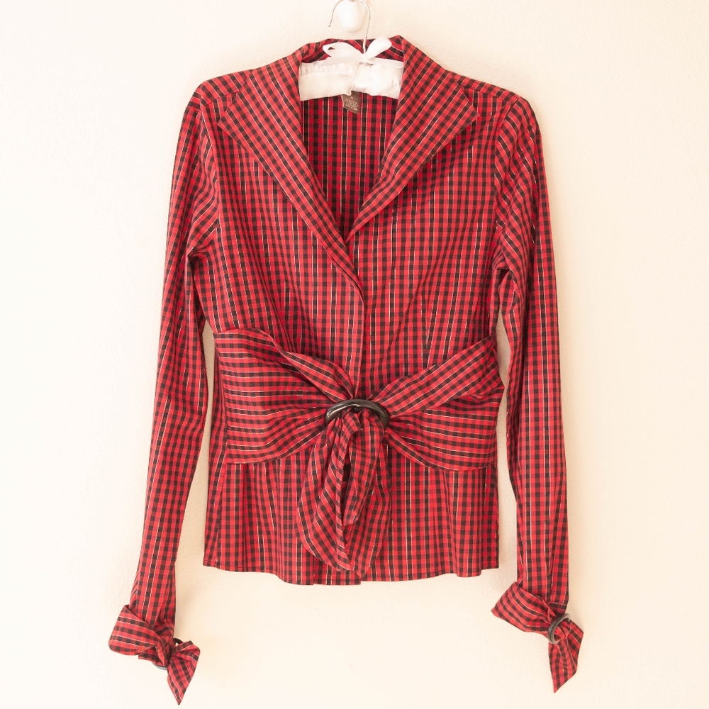 Kenar Red and Black Plaid Dressy Top Size 4